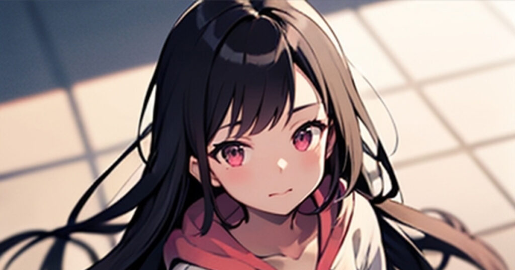 A-smiling-Japanese-girl-in-her-early-teens-with-long-hair-and-red-eyes-wearing-a-hoodie-facing-the-camera.