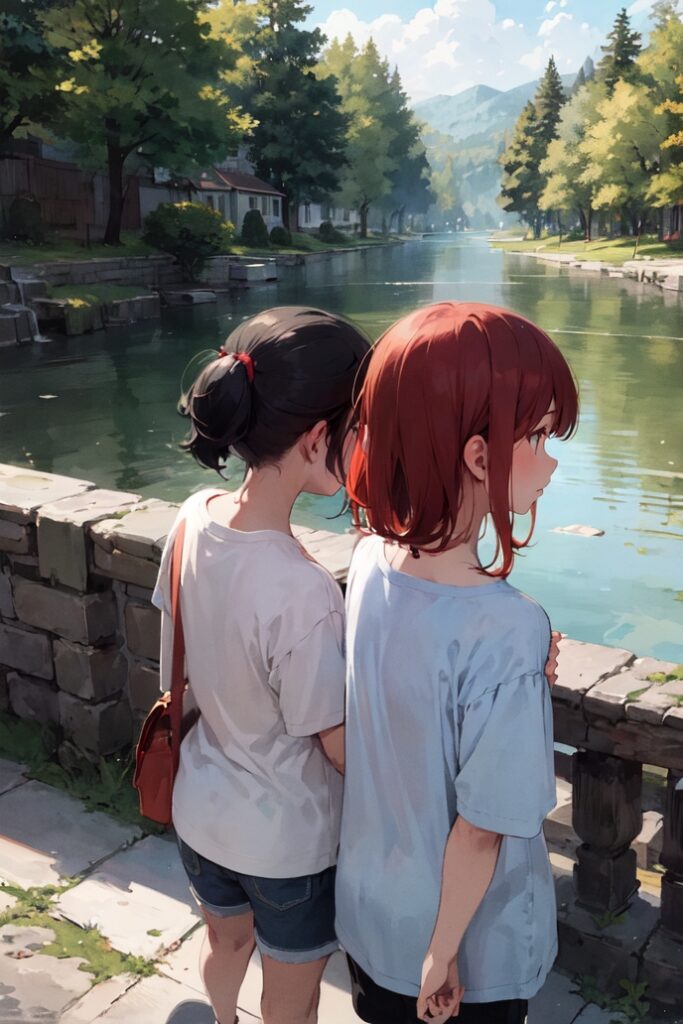 A-tranquil-scene-with-a-multiple-girls-with-2girls-and-outdoors-giving-a-glimpse-of-black-hair-and-shirt-Created-using-fiamixHNSFW_v41-on-Stable-Diffusion