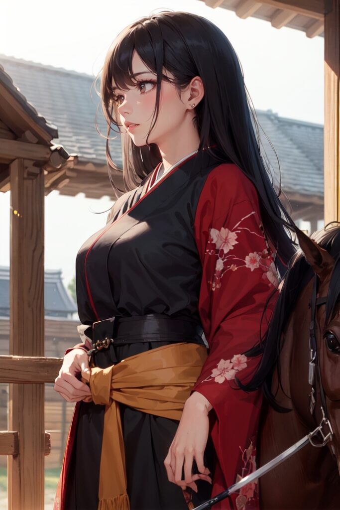 kjrm_021-kimono-japanese-clothes-long-hair-east-asian-architecture-horse-solo-black-hair-architecture-1girl-brown-eyes-Created-using-yuzu_v11-on-Stable-Diffusion