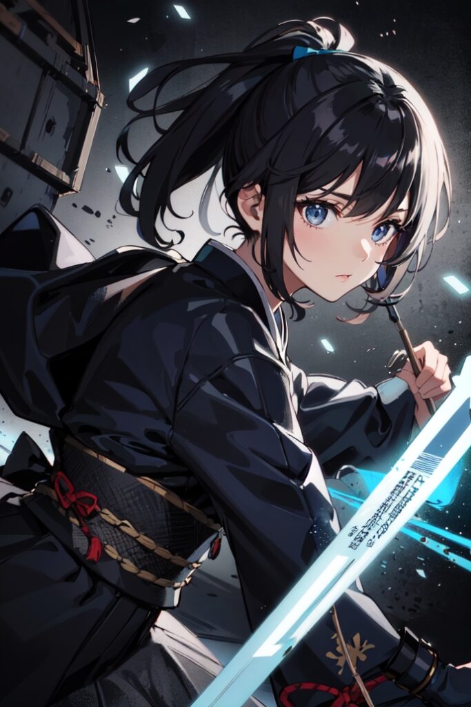 kjrm_093-blue-eyes-holding-weapon-1girl-black-hair-ponytail-sword-solo-japanese-clothes-looking-at-viewer-Created-using-hxranime_v10-on-Stable-Diffusion