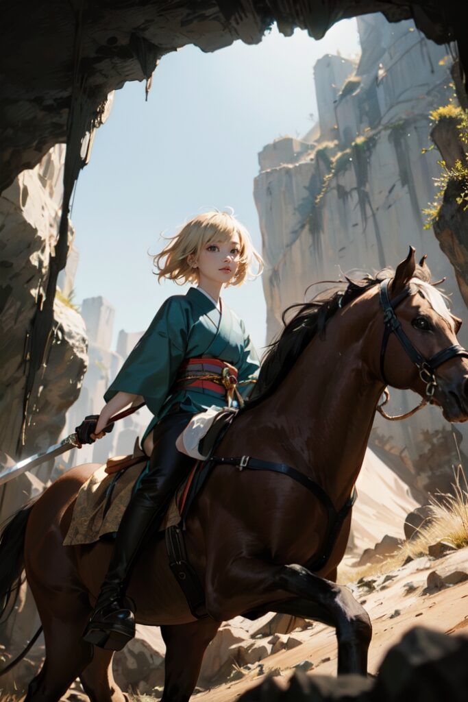 kjrm_124-sash-horseback-riding-holding-blonde-hair-1girl-outdoors-day-sword-weapon-horse-Created-using-bluePencilRealistic_v1-on-Stable-Diffusion