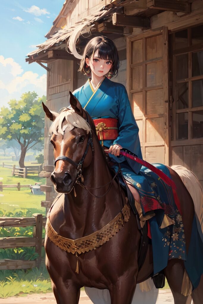 kjrm_157-outdoors-short-hair-horseback-riding-riding-1girl-sash-horse-japanese-clothes-kimono-black-hair-Created-using-anamix_-on-Stable-Diffusion