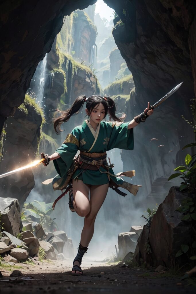 kjrm_174-1girl-japanese-clothes-waterfall-short-kimono-sword-solo-weapon-holding-twintails-wide-sleeves-Created-using-bellyberry1_-on-Stable-Diffusion