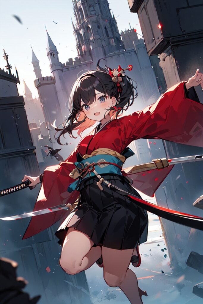 kjrm_176-weapon-sword-wide-sleeves-skirt-katana-red-kimono-1girl-kimono-black-hair-japanese-clothes-Created-using-kawaiiniji_v3-on-Stable-Diffusion