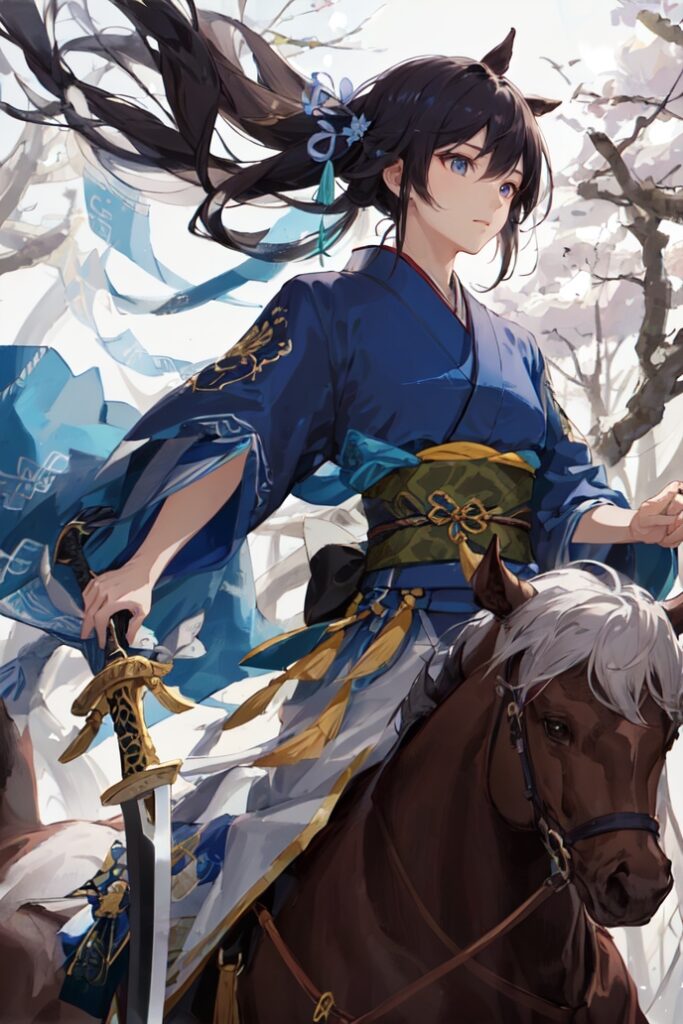 kjrm_182-kimono-weapon-sword-long-hair-japanese-clothes-sash-blue-eyes-horse-1girl-black-hair-Created-using-meinamix_meinaV7-on-Stable-Diffusion