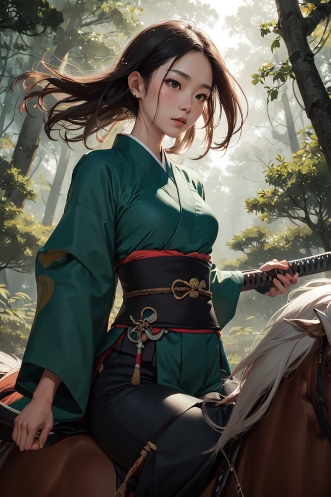 kjrm_201-horseback-riding-tree-weapon-1girl-riding-sword-parted-lips-outdoors-japanese-clothes-sash-Created-using-animerge_V10-on-Stable-Diffusion