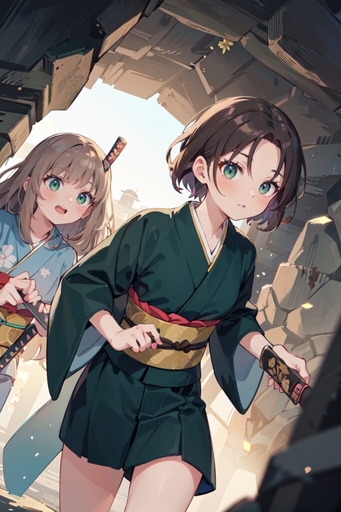 kjrm_217-brown-hair-sash-2girls-sword-weapon-multiple-girls-green-eyes-japanese-clothes-kimono-blue-kimono-Created-using-rabbit_v15-on-Stable-Diffusion