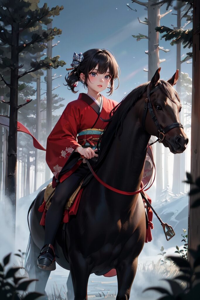 kjrm_289-horseback-riding-japanese-clothes-riding-1girl-horse-red-kimono-solo-outdoors-black-hair-kimono-Created-using-candyapple_v12-on-Stable-Diffusion