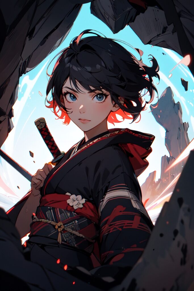 kjrm_297-solo-1girl-kimono-blue-eyes-black-hair-weapon-looking-at-viewer-japanese-clothes-black-kimono-sword-Created-using-kamimix_alpha-on-Stable-Diffusion