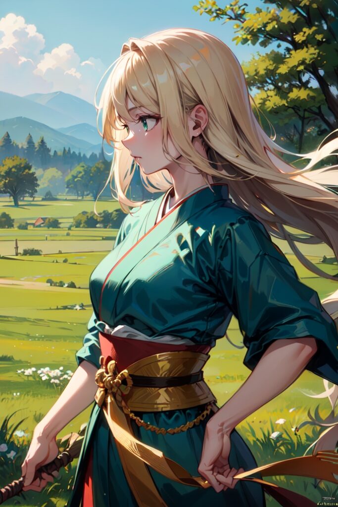 kjrm_311-tree-1girl-weapon-sword-japanese-clothes-outdoors-blonde-hair-holding-solo-long-hair-Created-using-hamefmix2_5-on-Stable-Diffusion