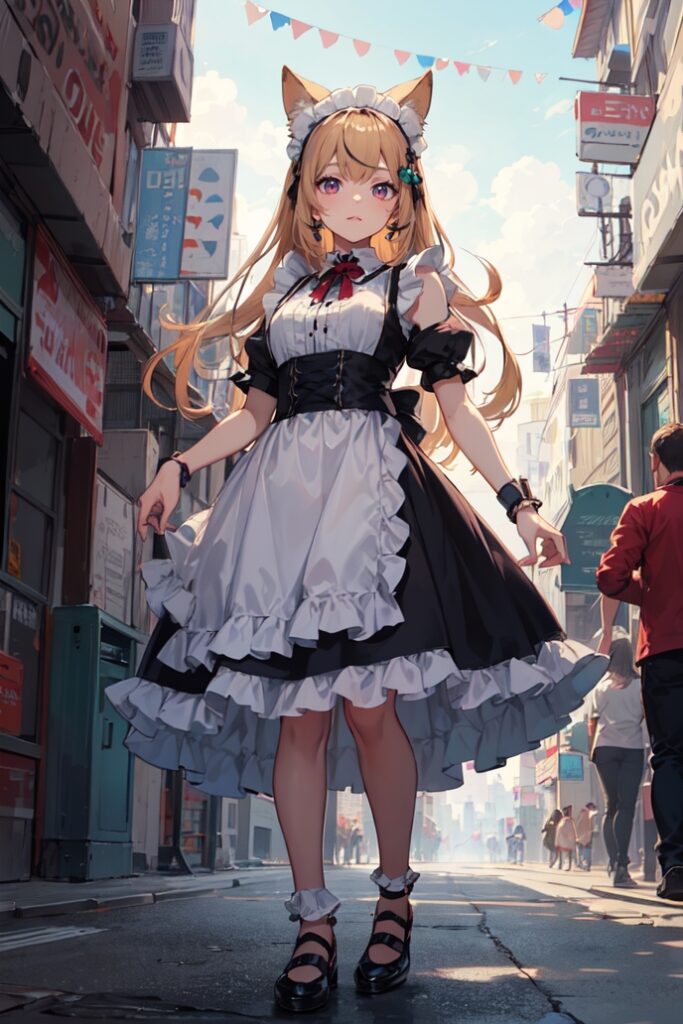 black-dress-maid-headdress-maid-blonde-hair-dress-solo-focus-1girl-outdoors-Created-using-sotemix_v10-on-Stable-Diffusion