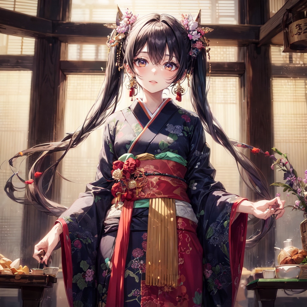 A-highschool-girl-is-seen-wearing-solo-with-japanese-clothes-with-long-hair-with-twintails-with-kimono-with-hair-ornament-and-featuring-facing-the-spectator-Created-using-meinaunreal_v41-on-Stable-Diffusion