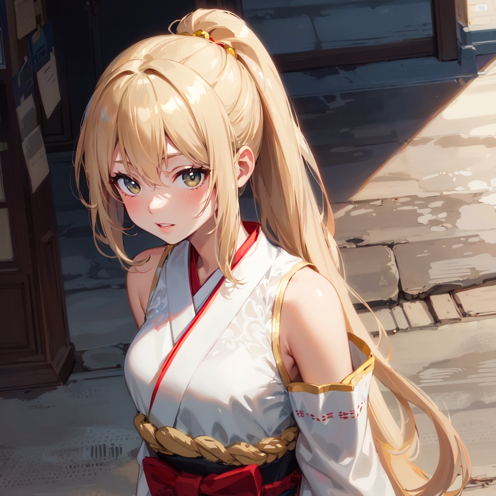 A-highschool-girl-is-seen-wearing-long-hair-with-solo-with-detached-sleeves-with-locked-eyes-with-the-observer-with-ponytail-with-blonde-hair-and-featuring-japanese-clothes-Created-using-masteranime_v3-on-Stable-Diffusion