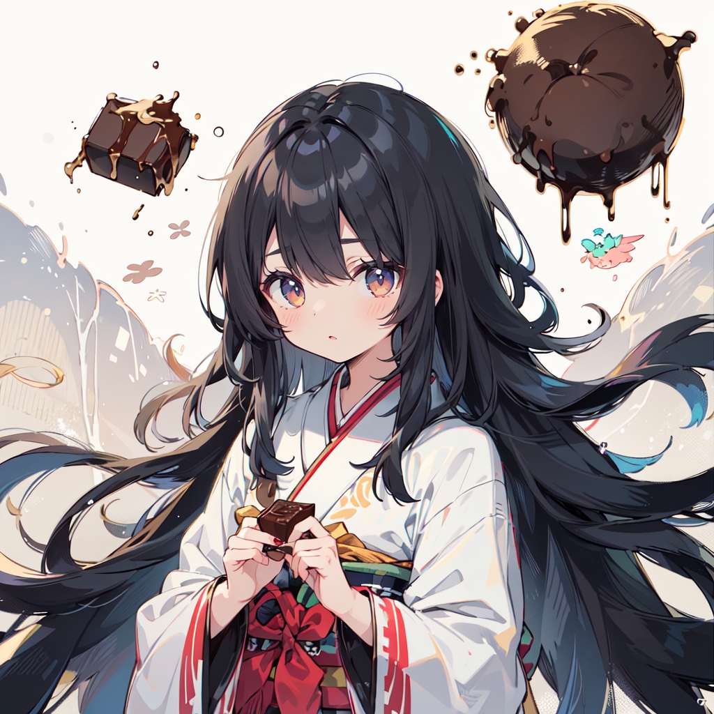 An-adolescent-female-is-seen-wearing-long-hair-with-chocolate-with-black-hair-with-japanese-clothes-with-solo-with-looking-straight-ahead-and-featuring-holding-Created-using-catucchino_V10-on-Stable-Diffusion