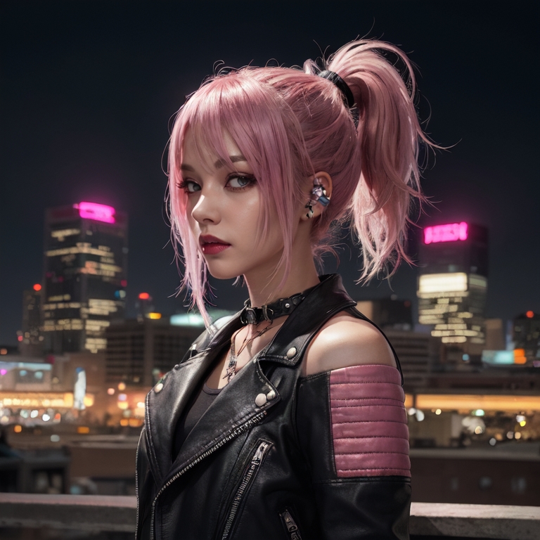 young-female-teen-alone-pink-hair-jewelry-ponytail-looking-at-viewer-jacket-necklace-Created-using-nlightPhotography_sam-on-Stable-Diffusion