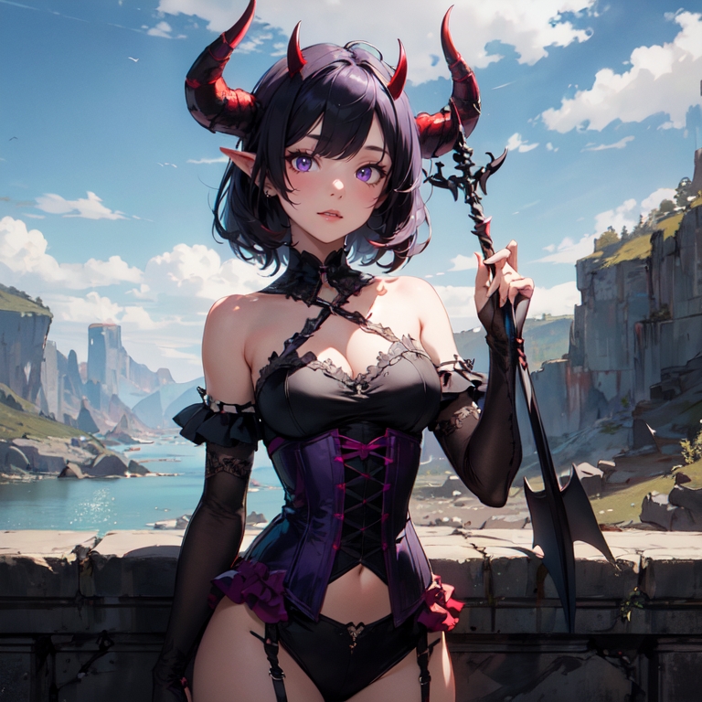 standalone-teen-girl-alone-garter-straps-horns-outdoors-purple-eyes-looking-at-viewer-black-hair-Created-using-fiamixDynamic_v40-on-Stable-Diffusion