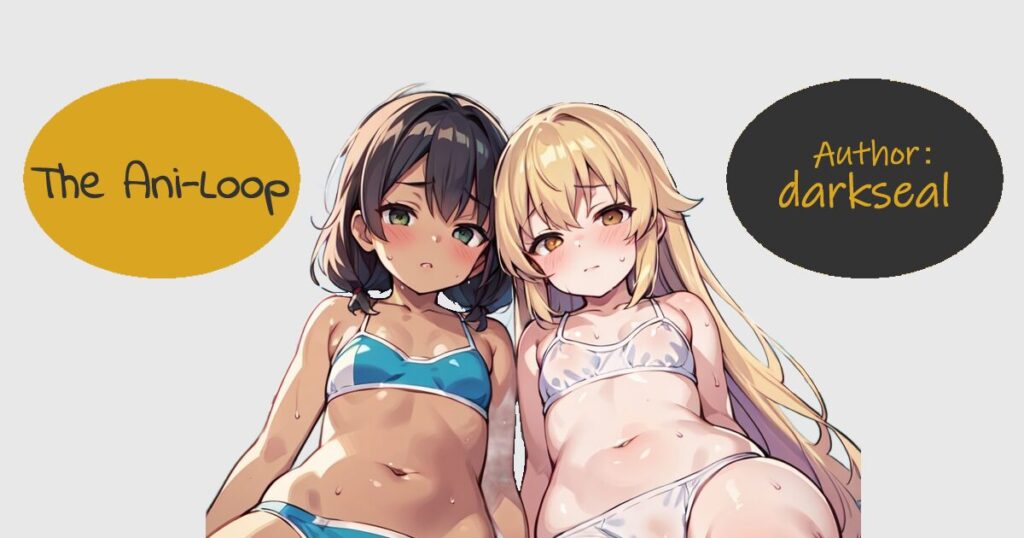 Two anime-style girls in swimsuits sitting next to each other. On the left is the logo for the Stable-Diffusion model 'The Ani-loop,' and on the right, the author's name 'Author: darkseal' is displayed.